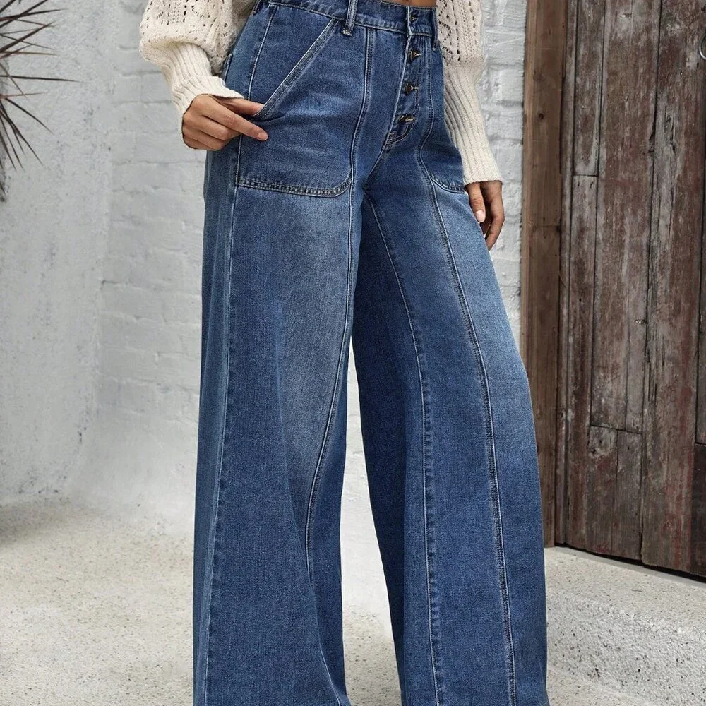 Blue Casual Women's Pockets Versatile Loose Wide Leg Jeans